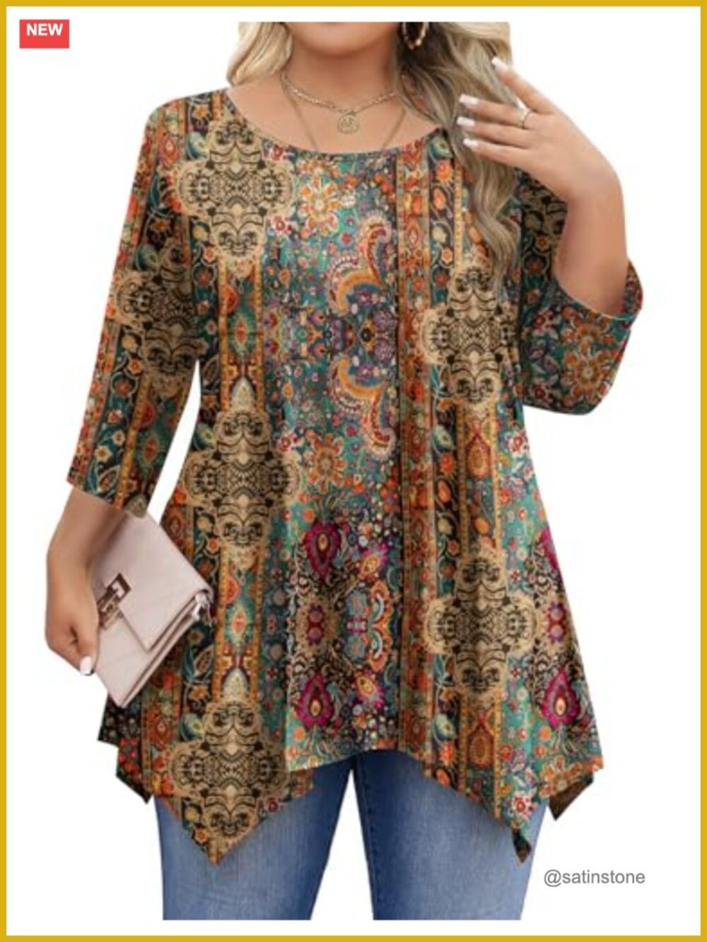 Plus Size Womens 3/4 Sleeve Tunic Round Neck Flowy Blouse